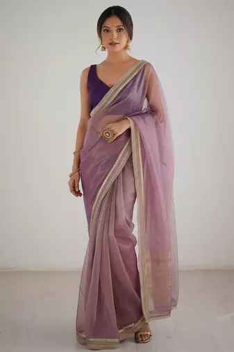 Mauve  net embellished saree with contrast blouse piece