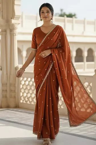 Rust georgette sequence work saree with running blouse piece