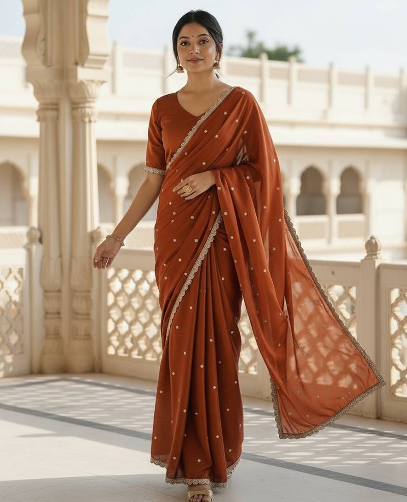 Rust georgette sequence work saree with running blouse piece
