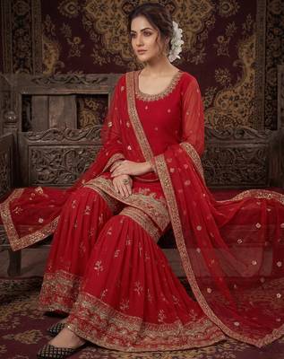 Elegant red embroidered sharara suit with dupatta 3