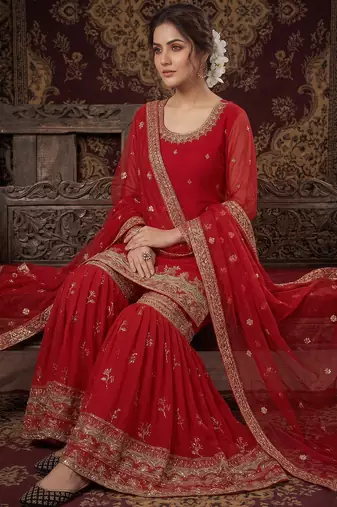 Elegant red embroidered sharara suit with dupatta