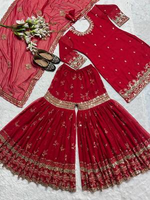 Elegant red embroidered sharara suit with dupatta 4