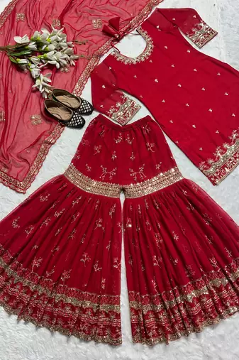 Elegant red embroidered sharara suit with dupatta