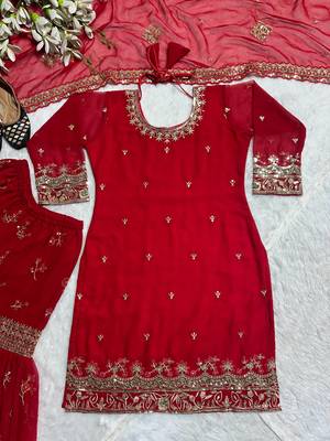 Elegant red embroidered sharara suit with dupatta 5