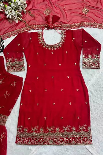 Elegant red embroidered sharara suit with dupatta