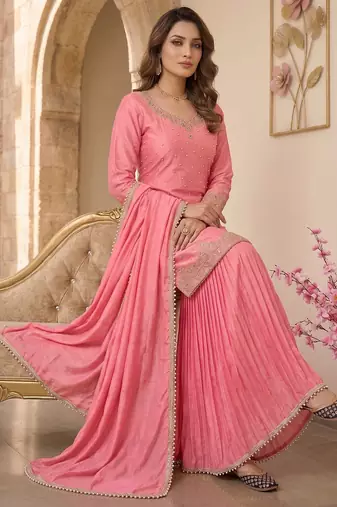 Elegant pink embroidered sharara suit with dupatta