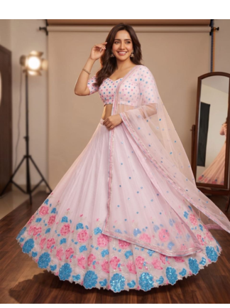 pastel pink floral embroidered georgette lehenga choli 1