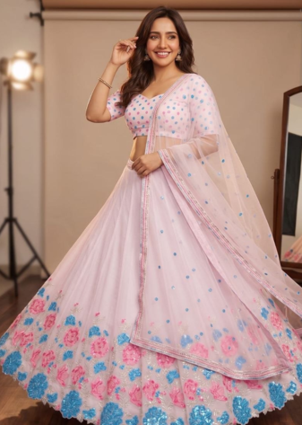 Pastel Pink Floral Embroidered Lehenga Choli with Net Dupatta