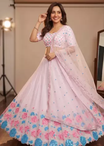 Pastel Pink Floral Embroidered Lehenga Choli with Net Dupatta