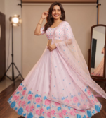 Pastel Pink Floral Embroidered Lehenga Choli with Net Dupatta
