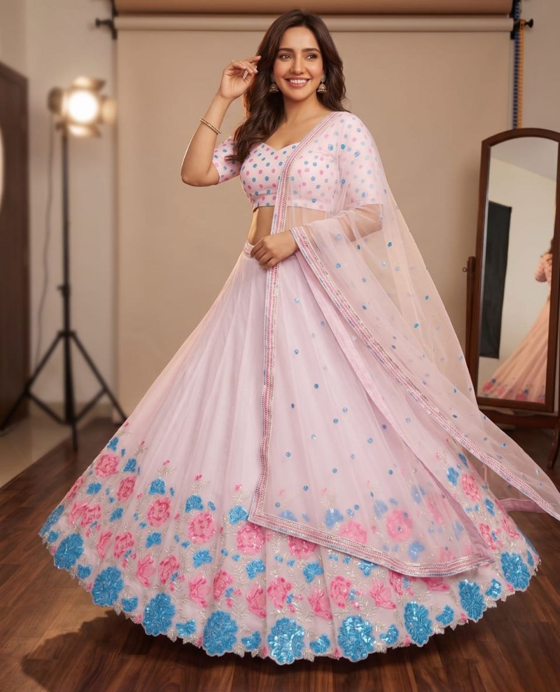 Pastel Pink Floral Embroidered Lehenga Choli with Net Dupatta
