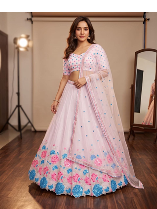 pastel pink floral embroidered georgette lehenga choli 2