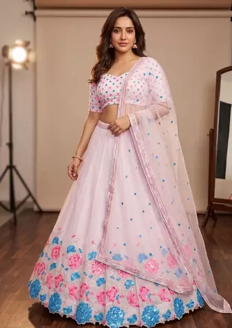 Pastel Pink Floral Embroidered Lehenga Choli with Net Dupatta