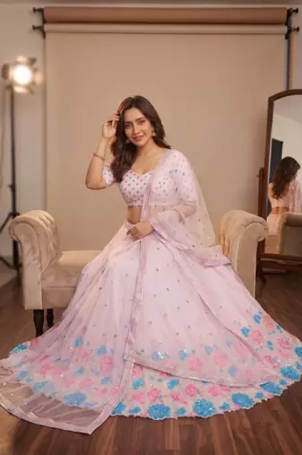 Pastel Pink Floral Embroidered Lehenga Choli with Net Dupatta