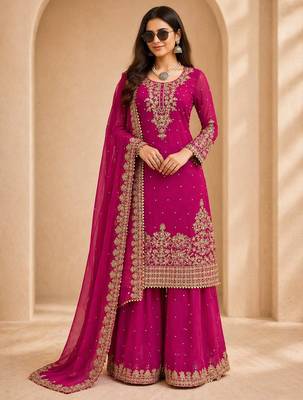 Designer faux georgette sequins embroidered top palazzo dupatta set for women 1