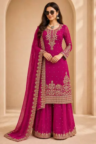 Designer faux georgette sequins embroidered top palazzo dupatta set for women