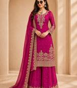 Designer faux georgette sequins embroidered top palazzo dupatta set for women