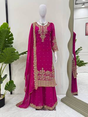 Designer faux georgette sequins embroidered top palazzo dupatta set for women 2
