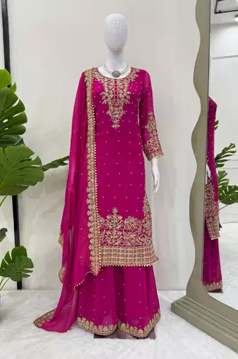 Designer faux georgette sequins embroidered top palazzo dupatta set for women