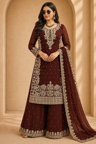 Designer faux georgette sequins embroidered top palazzo dupatta set for women