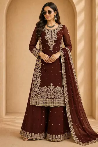 Designer faux georgette sequins embroidered top palazzo dupatta set for women