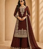  faux georgette sequins embroidered top palazzo dupatta set for women