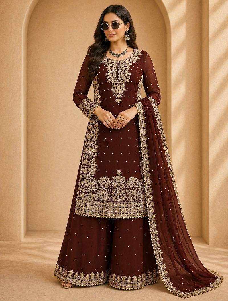 Designer faux georgette sequins embroidered top palazzo dupatta set for women