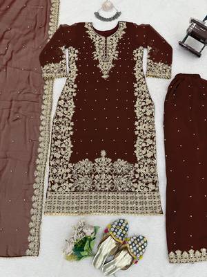 Designer faux georgette sequins embroidered top palazzo dupatta set for women 2