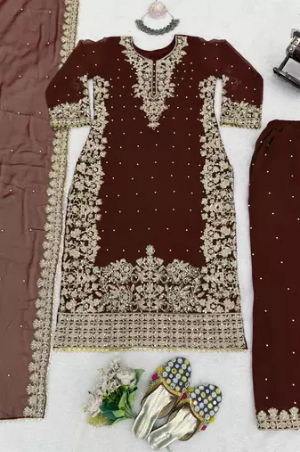 Designer faux georgette sequins embroidered top palazzo dupatta set for women
