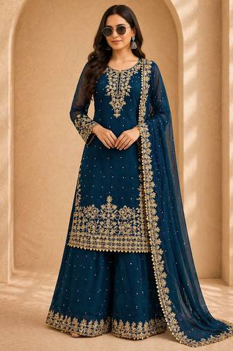 Designer faux georgette sequins embroidered top palazzo dupatta set for women