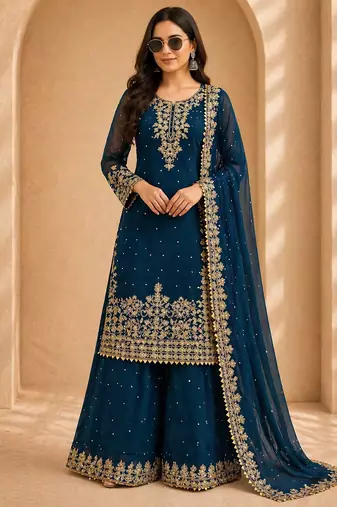 Designer faux georgette sequins embroidered top palazzo dupatta set for women