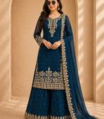  faux georgette sequins embroidered top palazzo dupatta set for women
