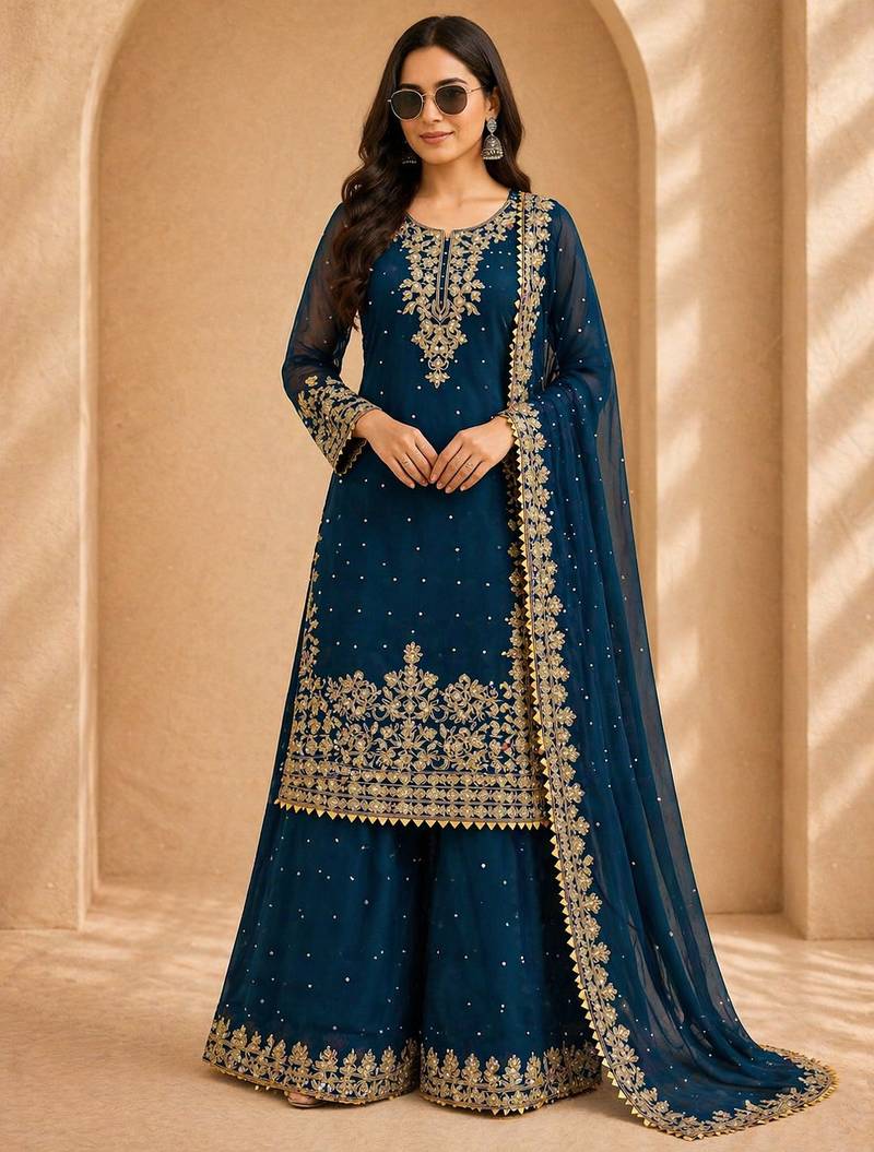 Designer faux georgette sequins embroidered top palazzo dupatta set for women