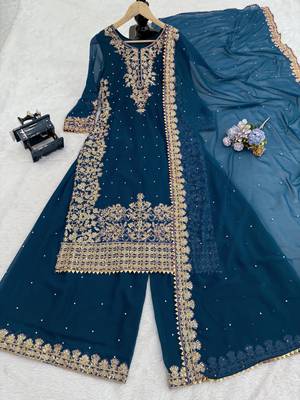  faux georgette sequins embroidered top palazzo dupatta set for women 2