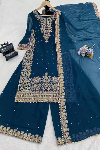  faux georgette sequins embroidered top palazzo dupatta set for women
