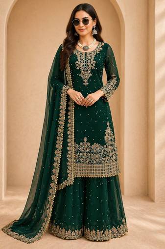 Designer faux georgette sequins embroidered top palazzo dupatta set for women