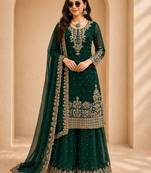  faux georgette sequins embroidered top palazzo dupatta set for women