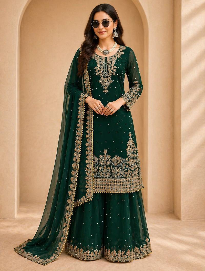 Designer faux georgette sequins embroidered top palazzo dupatta set for women