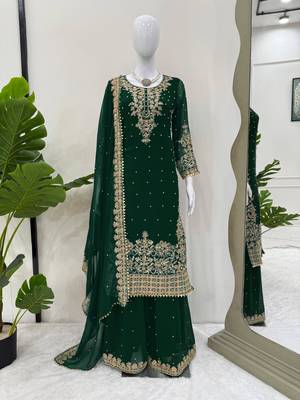 Designer faux georgette sequins embroidered top palazzo dupatta set for women 2