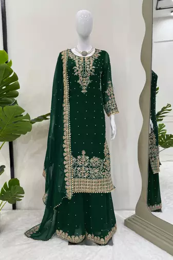 Designer faux georgette sequins embroidered top palazzo dupatta set for women