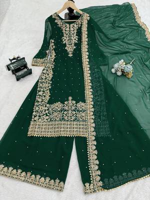 Designer faux georgette sequins embroidered top palazzo dupatta set for women 3