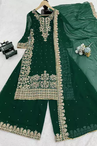 Designer faux georgette sequins embroidered top palazzo dupatta set for women