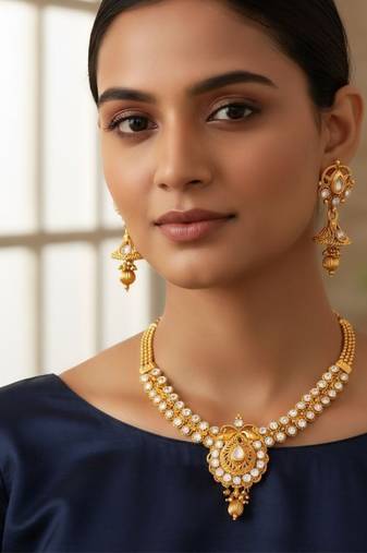 Gold plated kundan necklace set with earrings for women