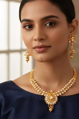 Gold plated kundan necklace set with earrings for women