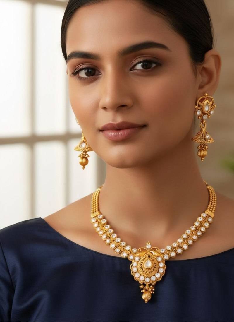 Gold plated kundan necklace set with earrings for women