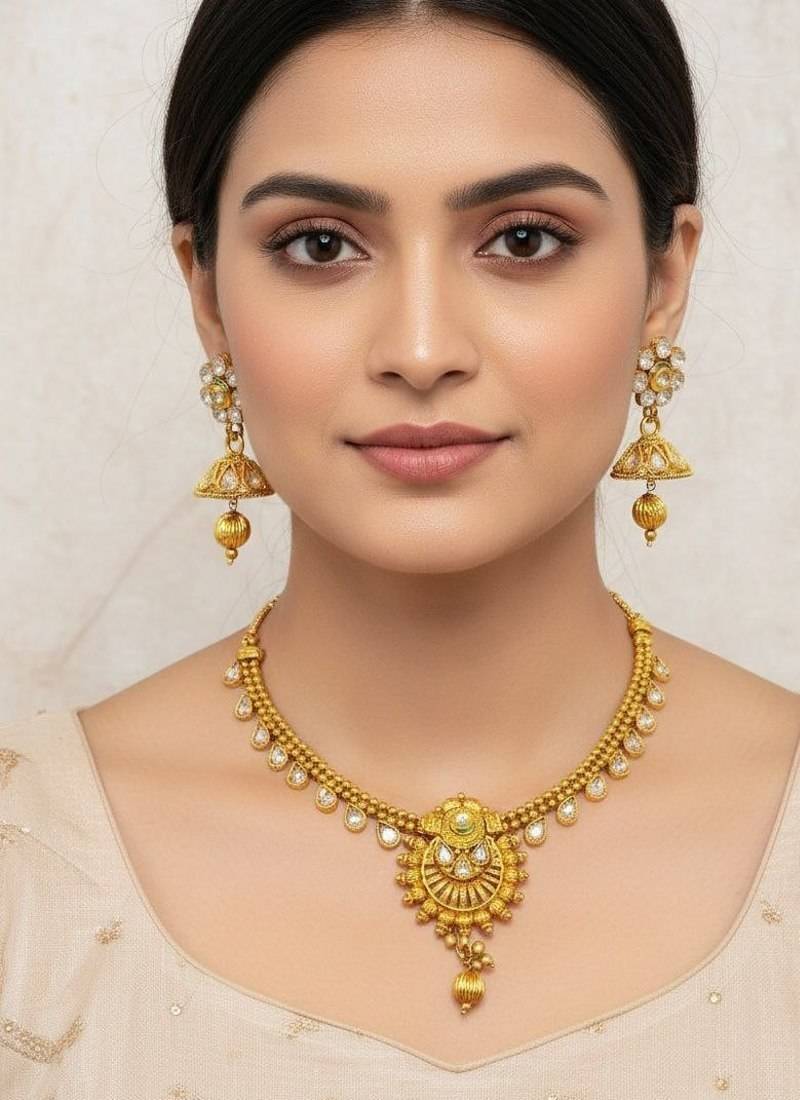 Gold plated kundan necklace set with earrings for women