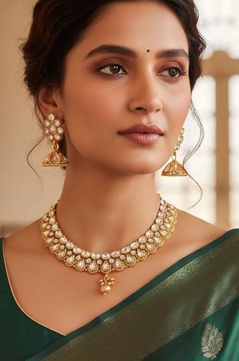 Gold plated kundan pearl choker jewellery set with jhumka earring for women