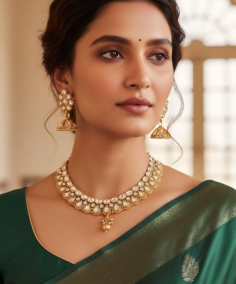 Gold plated kundan pearl choker jewellery set with jhumka earring for women