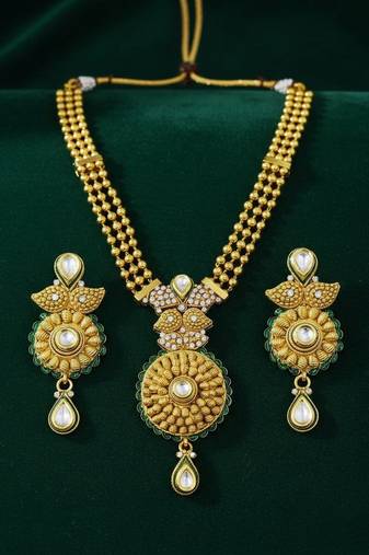 Traditional gold plated temple jewellery necklace set with earrings for women