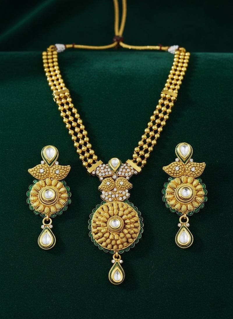 Traditional gold plated temple jewellery necklace set with earrings for women